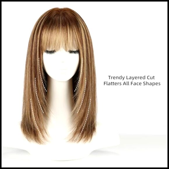 Shoulder Length Layered Human Hair Wig with Bangs Natural Look Real Hair